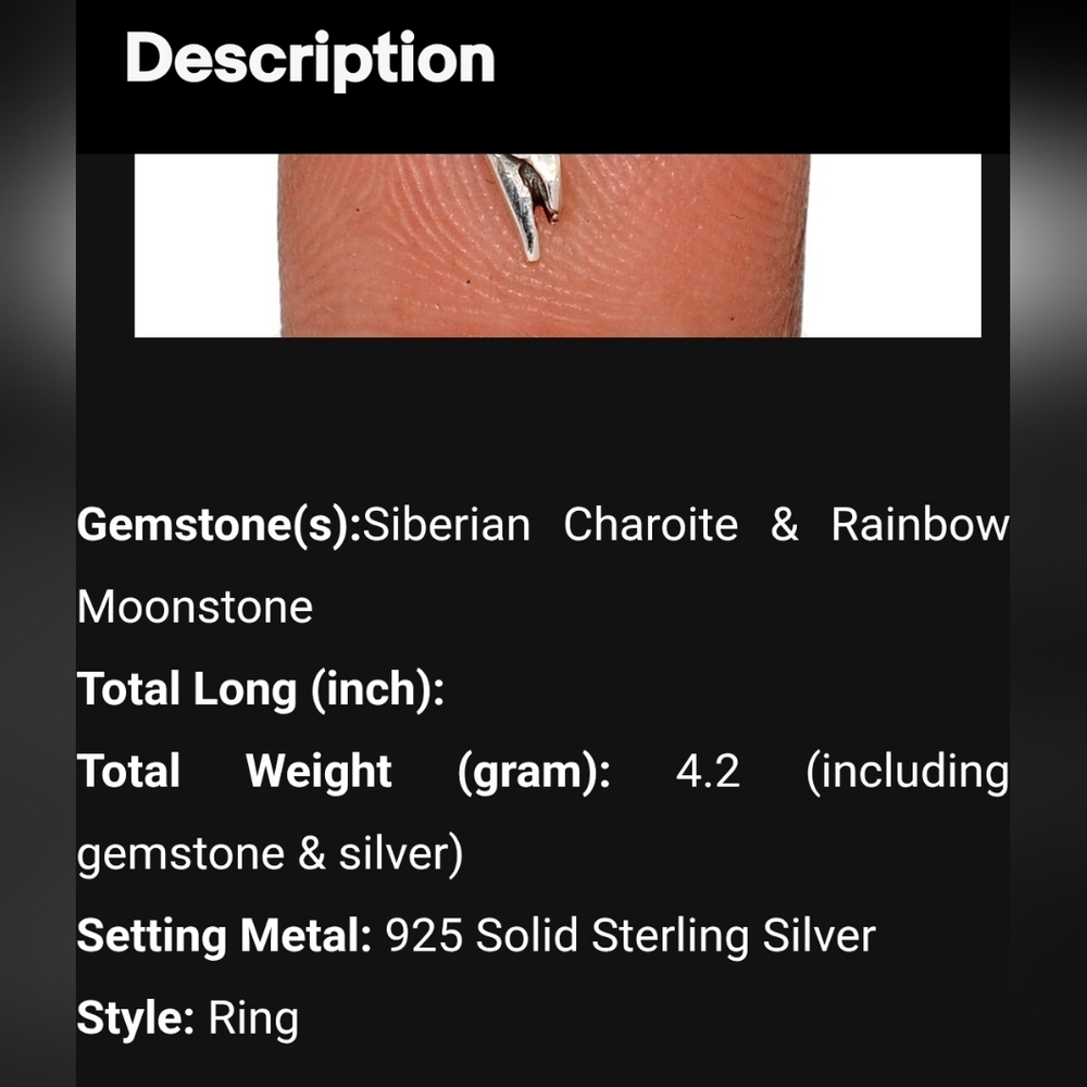 925 Natural Charoite & Rainbow Moonstone Sterling Silver Ring s.7  Artisan Made - Picture 2 of 3